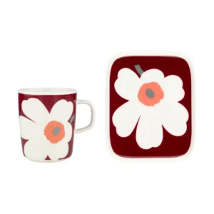 Marimekko Unikko 60vuotisjuhlamuki 25 cl + lautanen 12x15 cm Whitedark cherryash grey