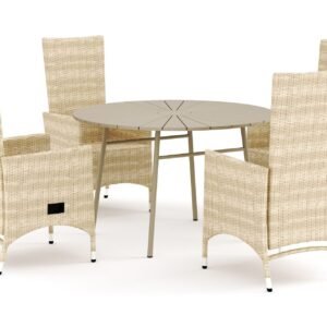 Tunis ulkokäyttöön tarkoitettu pyöreä ruokailuryhmä 120 cm, 4 Jenny-ruokatuolia - Beige/Beige