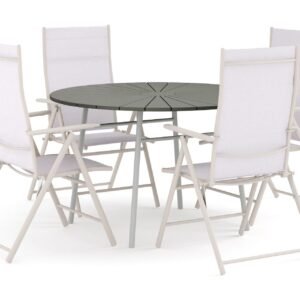 Tunis pyöreä ulkoruokailuryhmä 120 cm, 4 säätötuolia - Valkoinen/Harmaa
