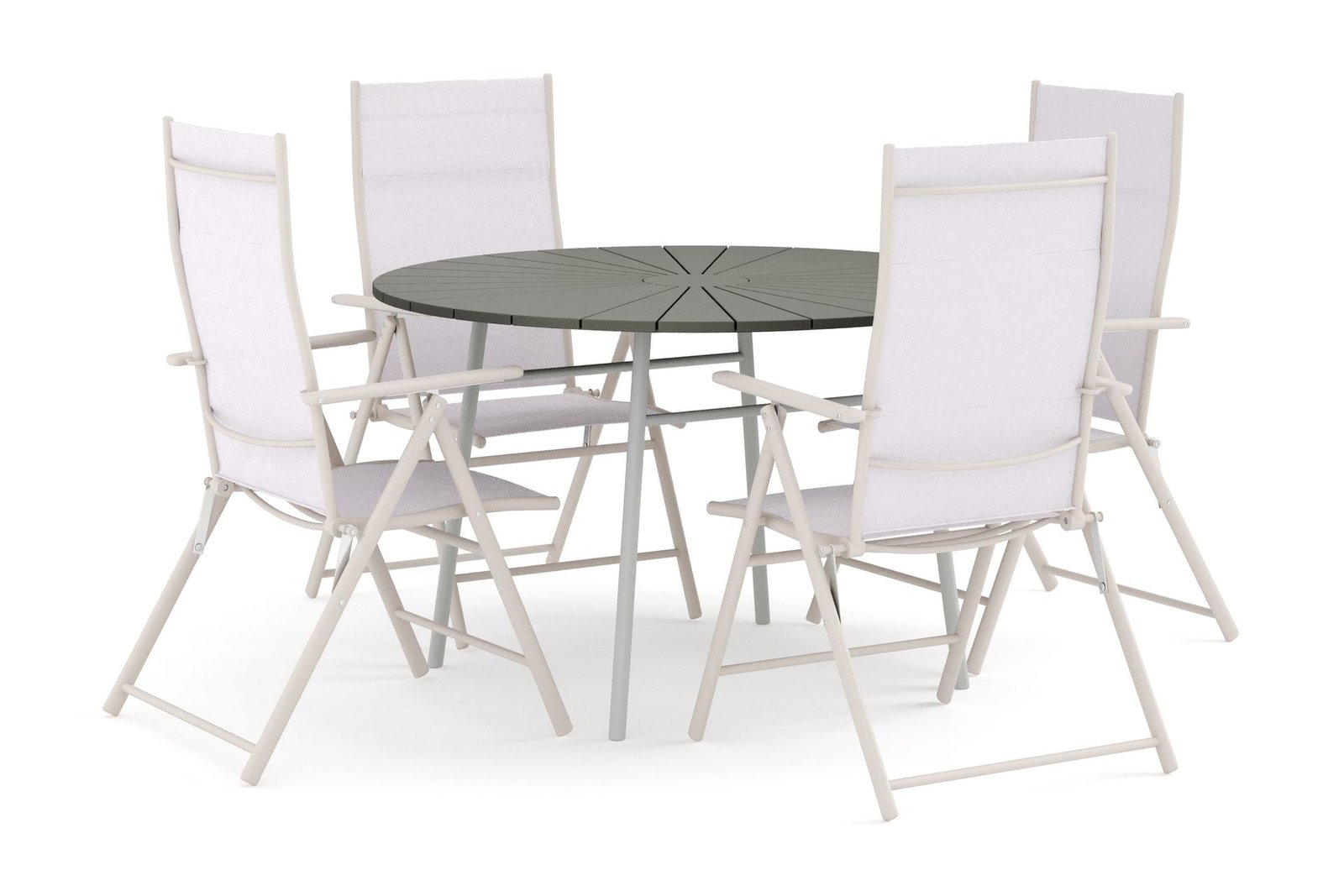 Tunis pyöreä ulkoruokailuryhmä 120 cm, 4 säätötuolia - Valkoinen/Harmaa