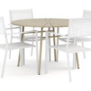 Tunis-ulkokäyttöön pyöreä ruokailuryhmä 120 cm, 4 Tunis-pinottavalla tuolilla - Valkoinen/Harmaa