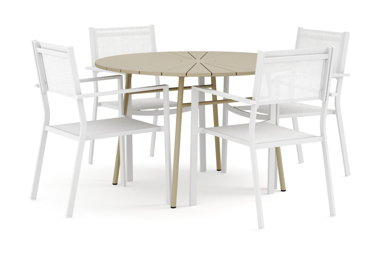 Tunis-ulkokäyttöön pyöreä ruokailuryhmä 120 cm, 4 Tunis-pinottavalla tuolilla - Valkoinen/Harmaa