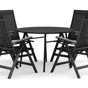 Tunis ulkokäyttöön pyöreä ruokailuryhmä 120 cm, 4 Monaco Light -säätötuolilla - Musta/Musta