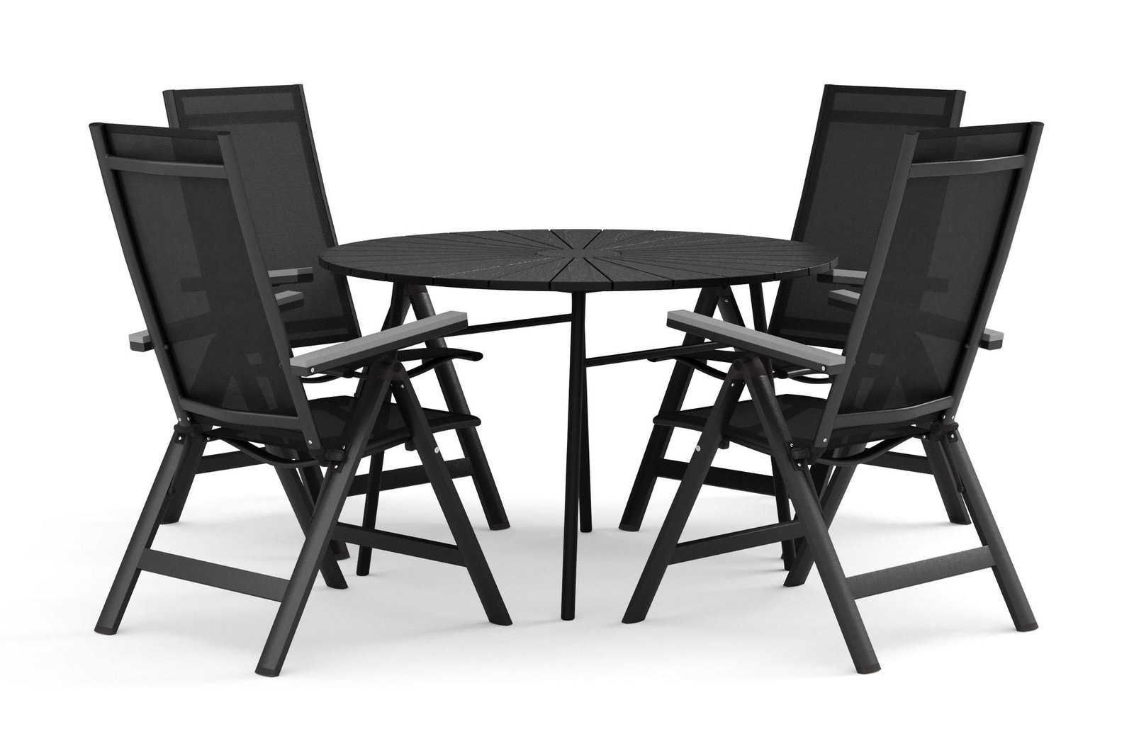 Tunis ulkokäyttöön pyöreä ruokailuryhmä 120 cm, 4 Monaco Light -säätötuolilla - Musta/Musta