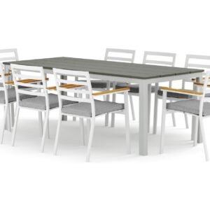 Tunis-ulkoruokailuryhmä 205x90 cm ja 8 Oliver-käsinojatuolia tyynyllä - Valkoinen/Harmaa