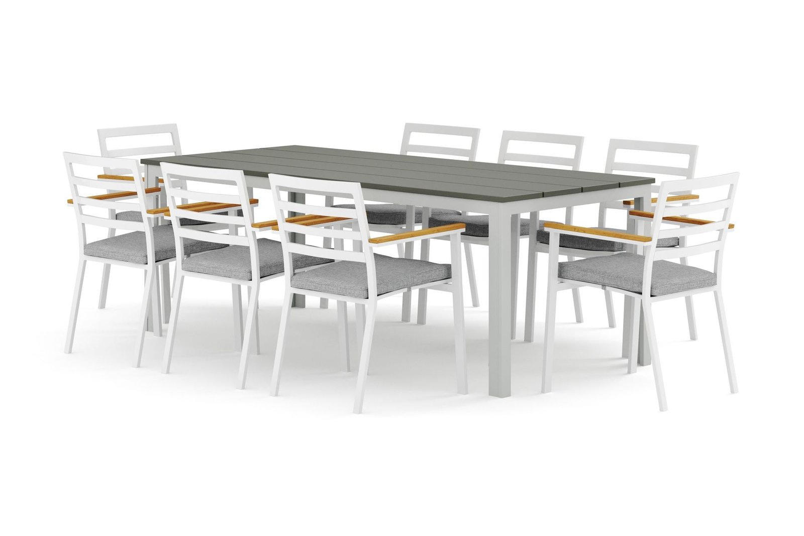 Tunis-ulkoruokailuryhmä 205x90 cm ja 8 Oliver-käsinojatuolia tyynyllä - Valkoinen/Harmaa