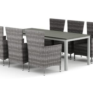 Tunis-ulkoruokailuryhmä 205x90 cm ja 6 Thor-ulkonojatuolia - Valkoinen/Harmaa