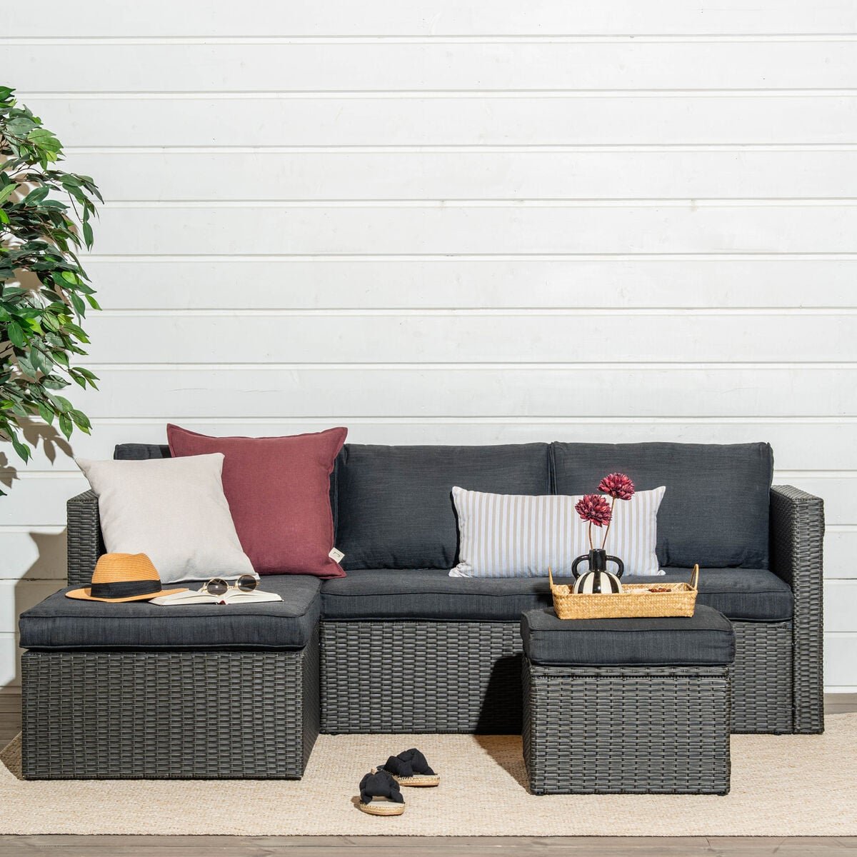 Oakland divaanisohva ja sohvapöytä tummanharmaa