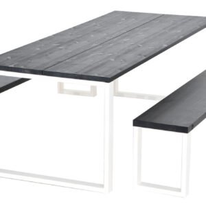 Honka 8-hengen terassiruokailuryhmä penkeillä musta/valkoinen metallijaloilla