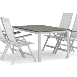 Tunis-ulkoruokailuryhmä 140x90 cm ja 4 Monaco Light -säätötuolia - Valkoinen/Harmaa