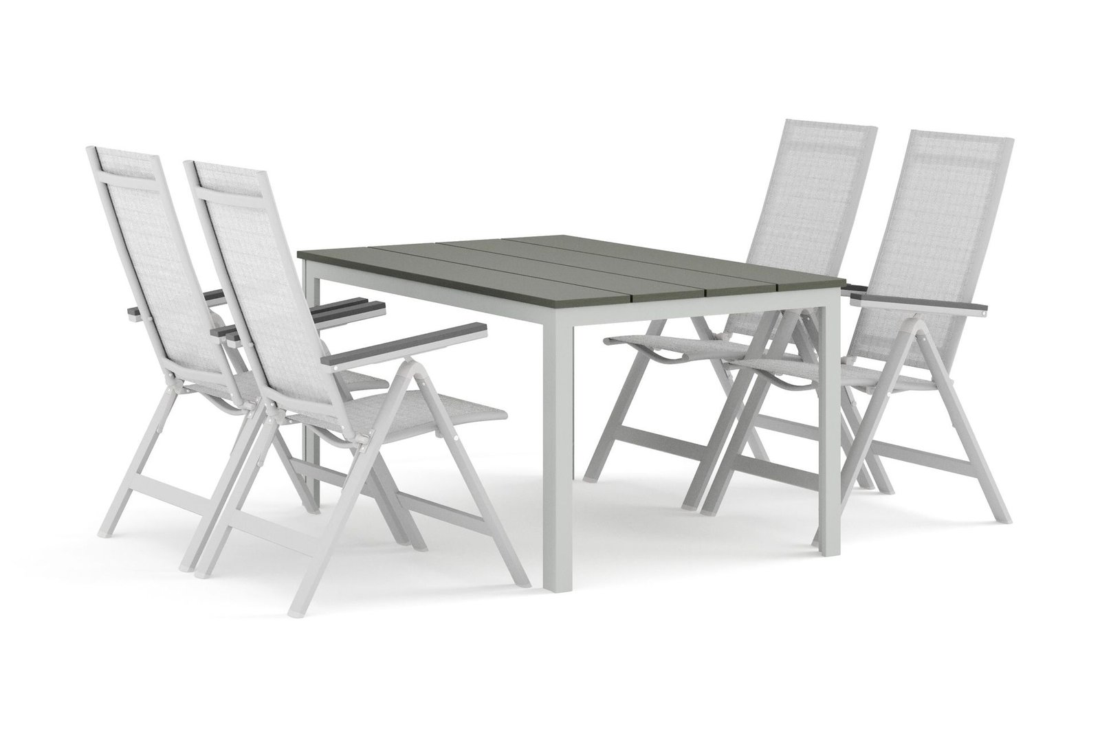 Tunis-ulkoruokailuryhmä 140x90 cm ja 4 Monaco Light -säätötuolia - Valkoinen/Harmaa