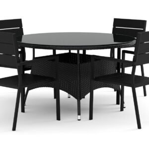 Thor-ulkokäyttöön tarkoitettu pyöreä ruokailuryhmä 140 cm, 4 Tunis-pinottavalla tuolilla - Musta