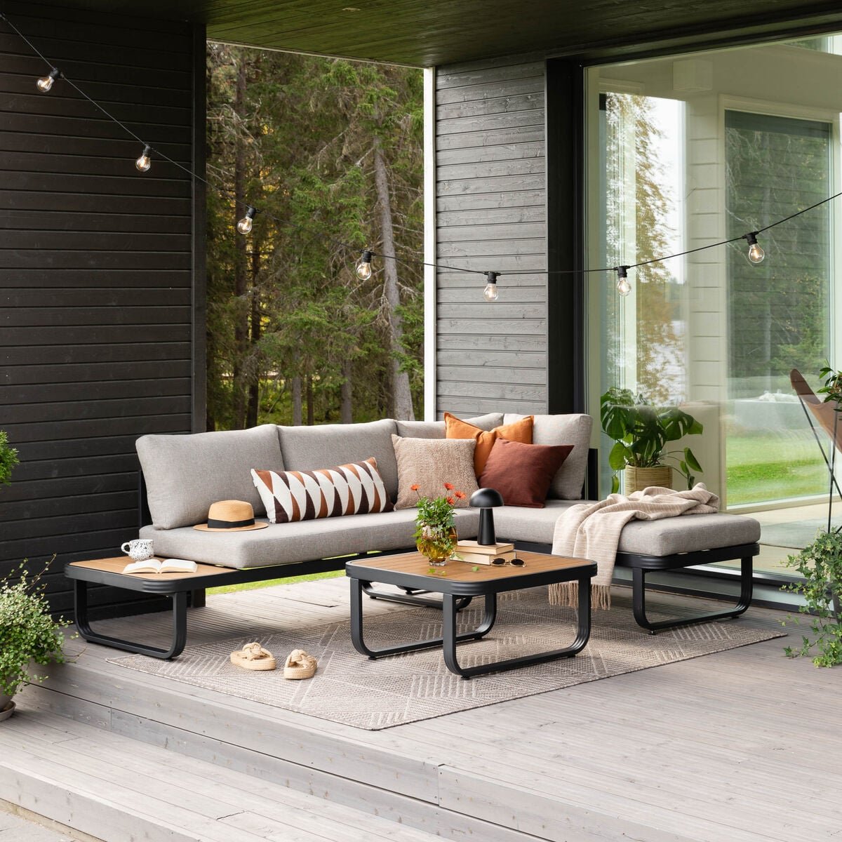 Lumme avokulmasohva ja sohvapöytä oikea musta/ hiekka