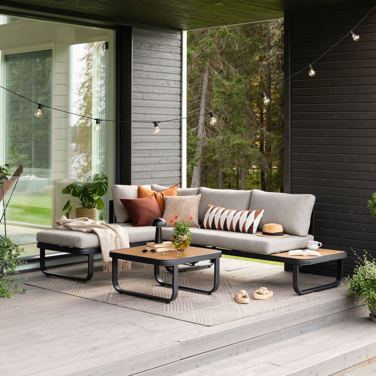 Lumme avokulmasohva ja sohvapöytä vasen musta/ hiekka