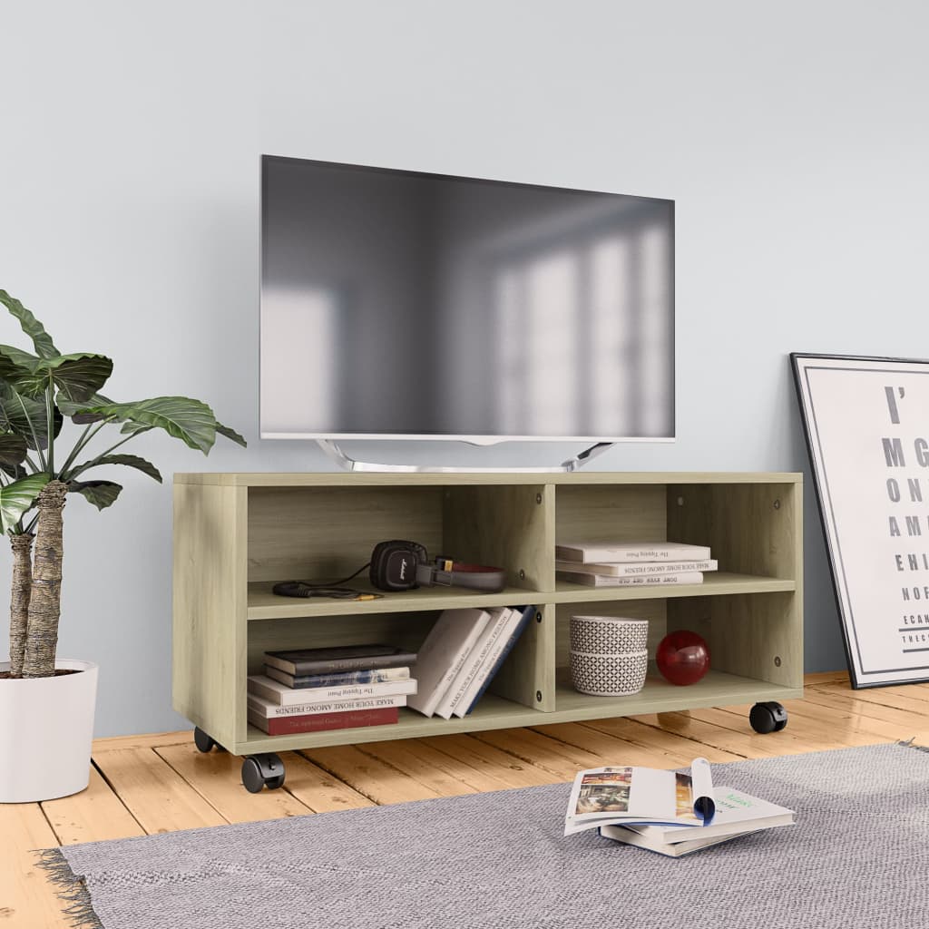 vidaXL TV-taso rullapyörillä Sonoma-tammi 90x35x35 cm tekninen puu