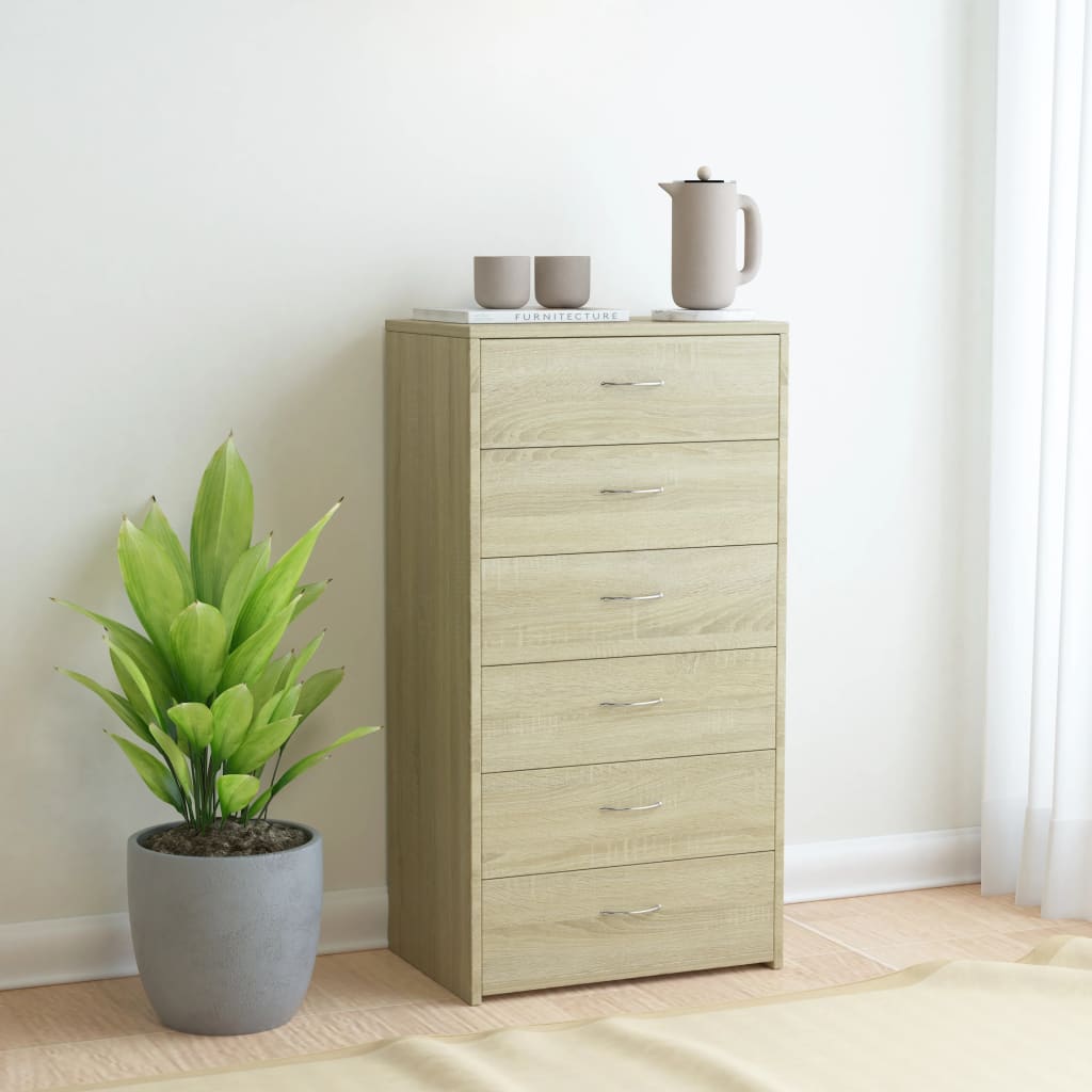 vidaXL Lipasto 6 vetolaatikolla Sonoma-tammi 50x34x96 cm tekninen puu