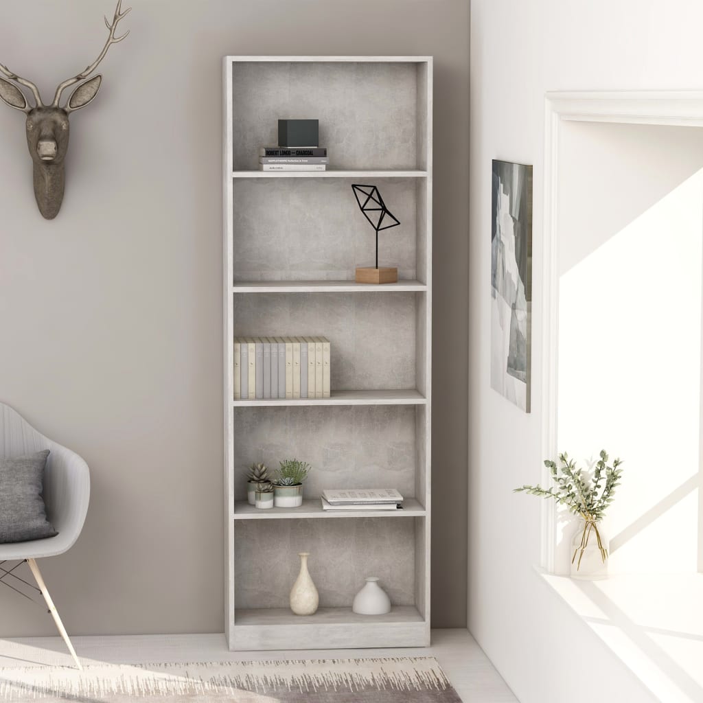 vidaXL 5-tasoinen kirjahylly betoninharmaa 60x24x175 cm tekninen puu