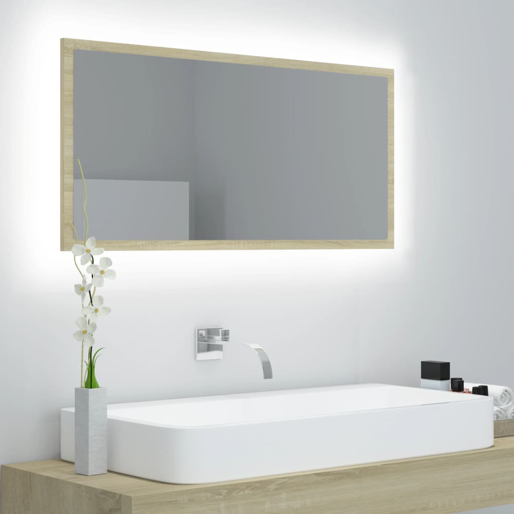 vidaXL LED-kylpyhuonepeili Sonoma-tammi 90x8,5x37 cm akryyli