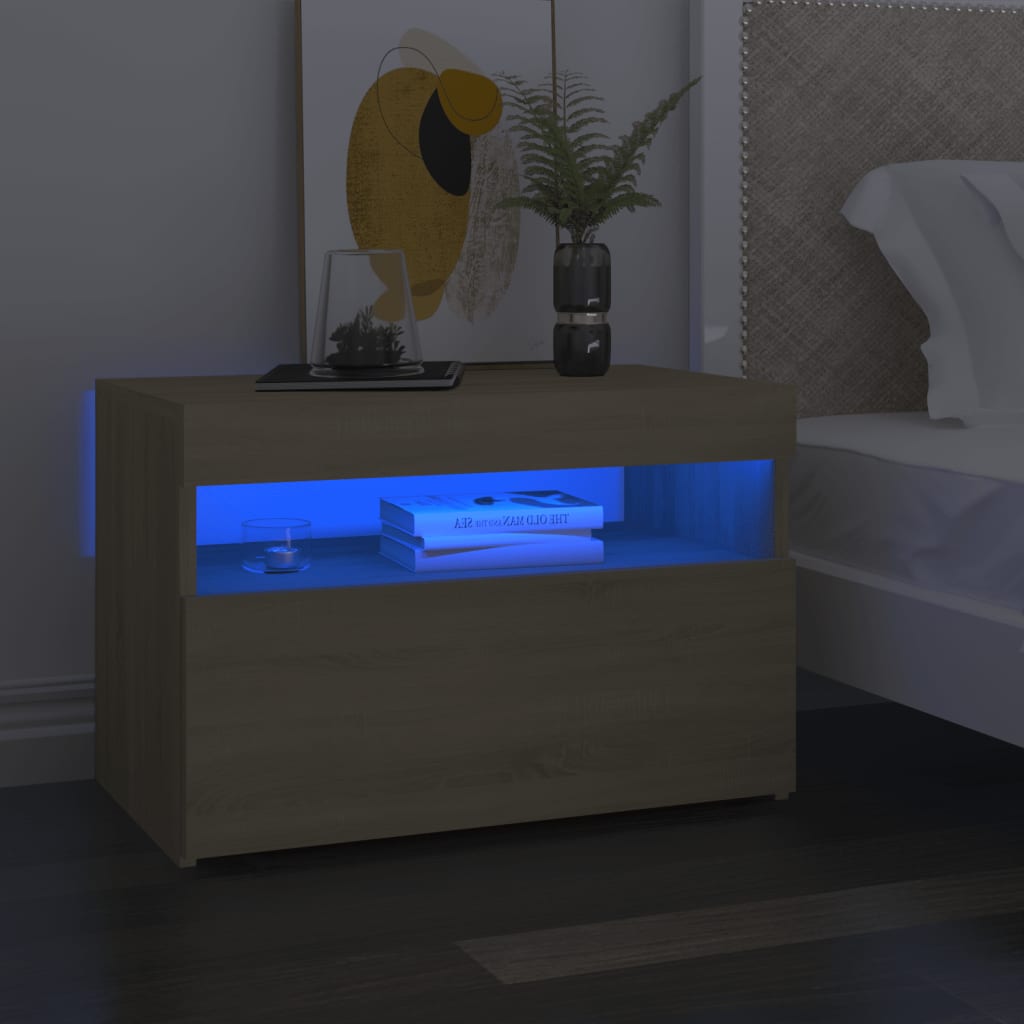 vidaXL Yöpöytä LED-valoilla 2 kpl Sonoma-tammi 60x35x40 cm