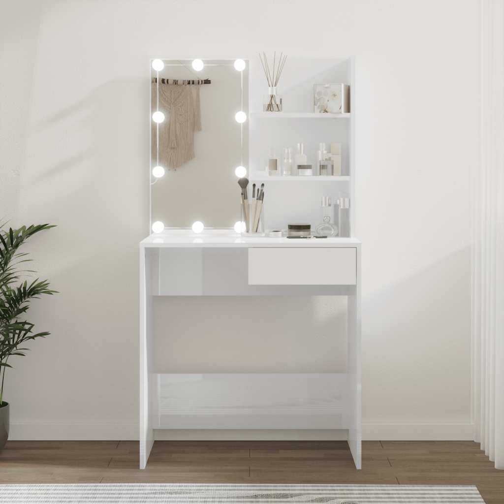 VidaXL Peilipöytä LED-valoilla korkeakiilto valkoinen 74,5x40x141 cm