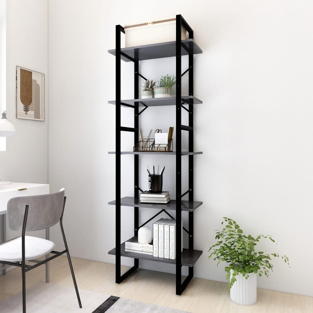 vidaXL 5-tasoinen kirjahylly harmaa 60x30x175 cm tekninen puu