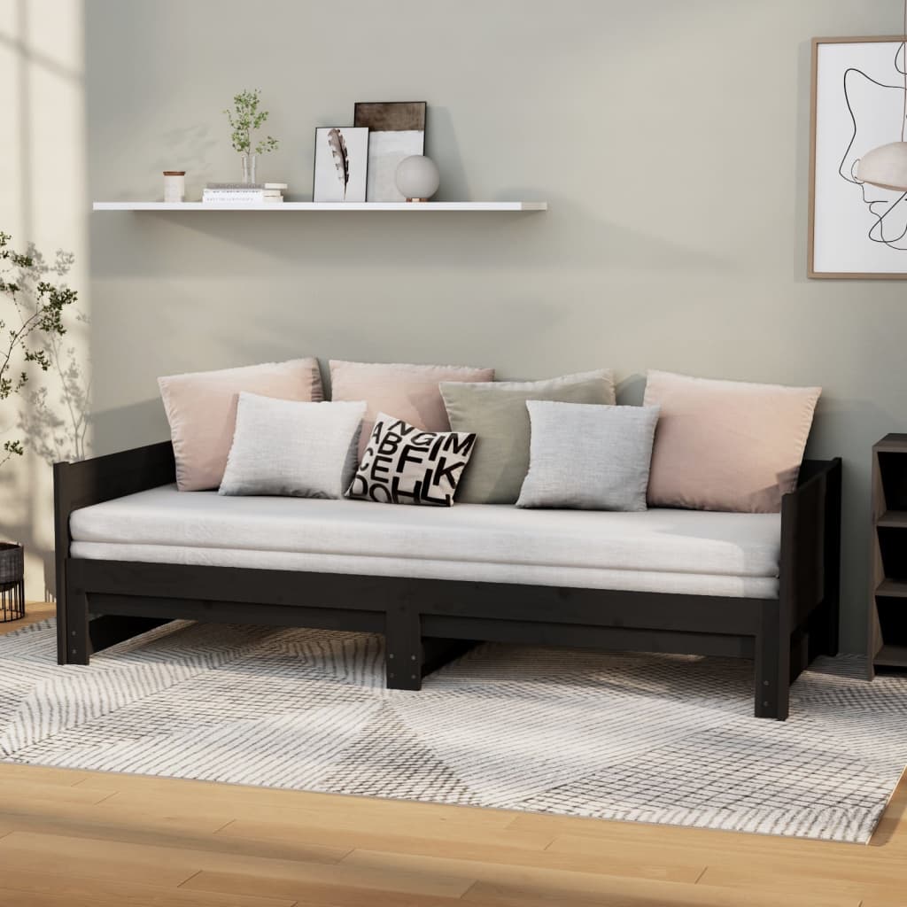 vidaXL Sohvasänky ulosvedettävä musta täysi mänty 2x (90x190) cm