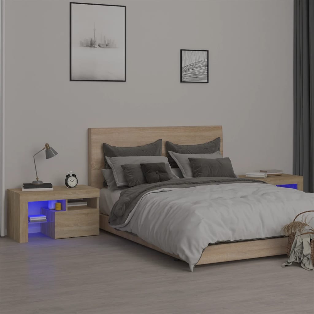 vidaXL Yöpöydät 2 kpl LED-valoilla Sonoma-tammi 70x36,5x40 cm