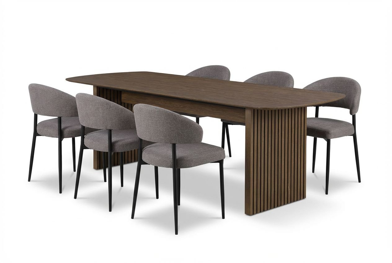 richeto-ruokapoyta-savutammea-240-cm-ja-6-sawako-greige-tuolia-savutammi-greige