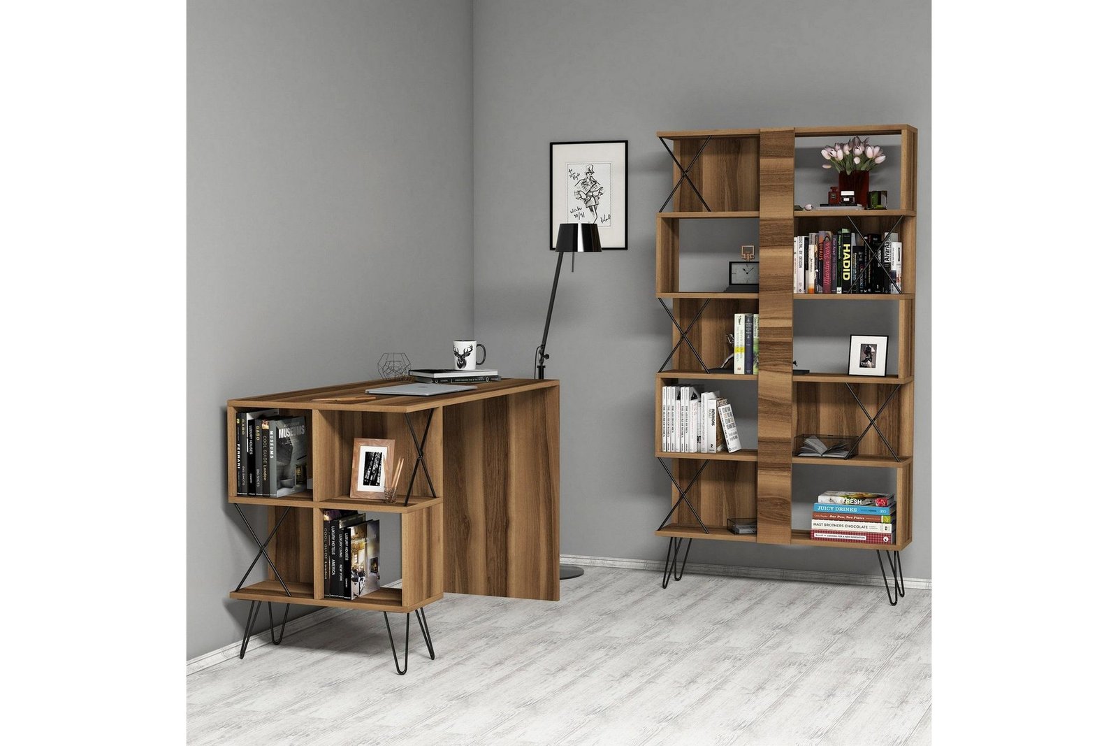 kirjoituspoyta-amtorp-120-cm-sailytyksella-hyllykirjahylly-musta-tammi-ruskea