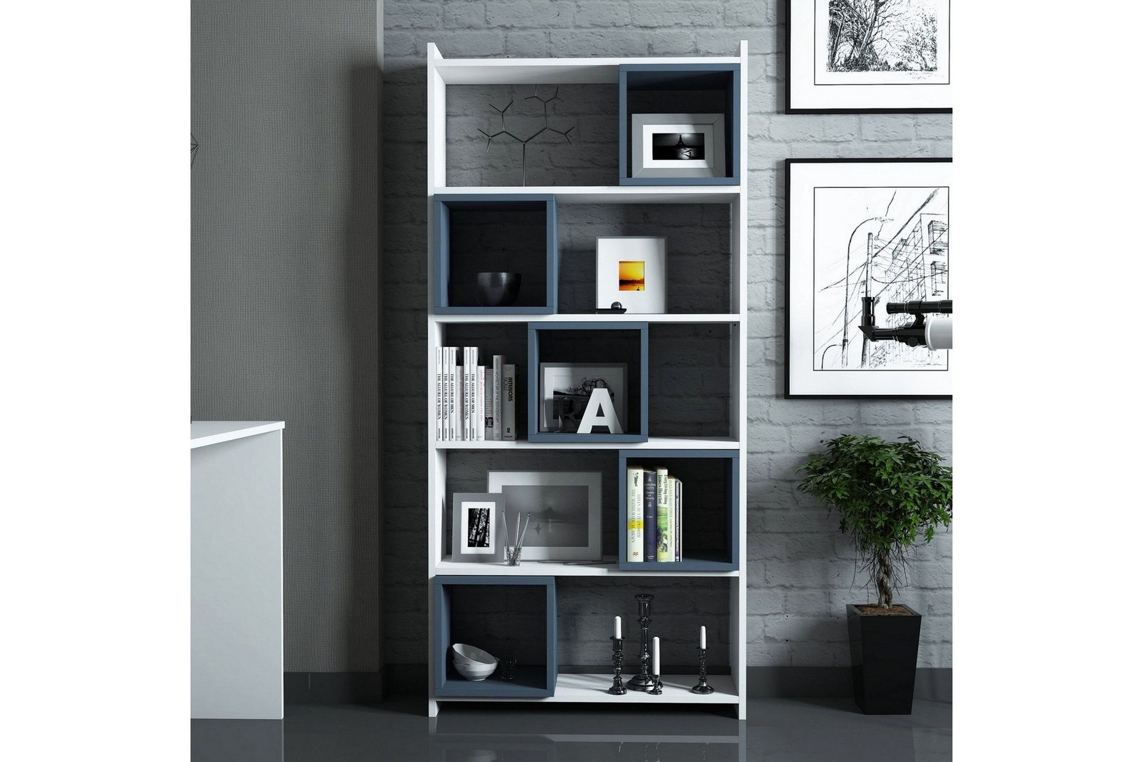 kirjoituspoyta-amtorp-120-cm-sailytyksellaseinahylly-valkoinen-sininen
