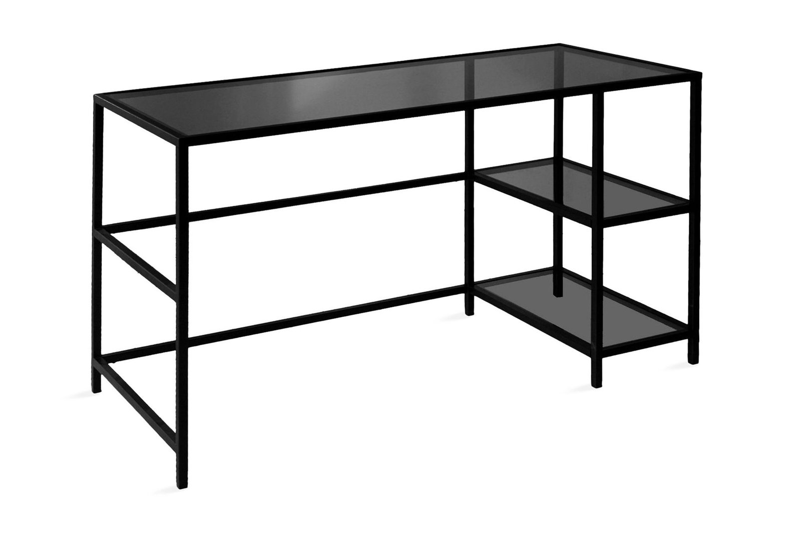 kirjoituspoyta-vallsbo-130-cm-sailytyksella-2-hyllya-lasi-savunvarinen-musta
