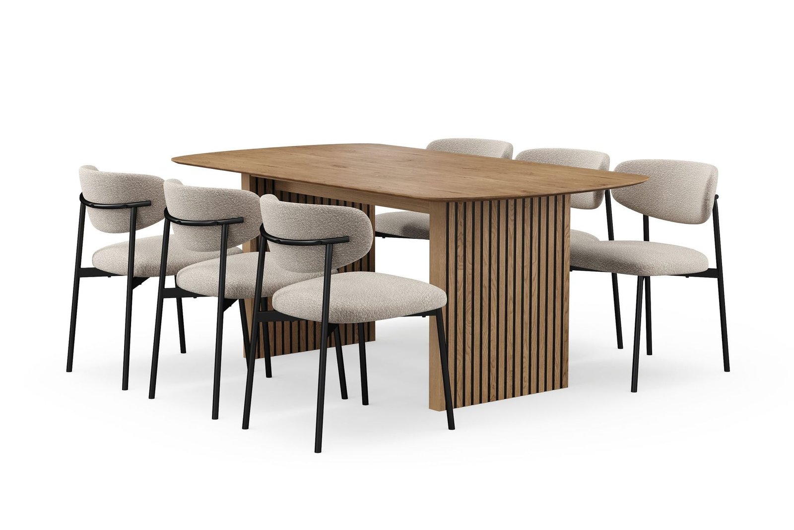 richeto-ruokapoyta-180-cm-ja-6-lucy-ruokatuolia-luonnollinen-viimeistely-greige-boucle-metallijalat-musta