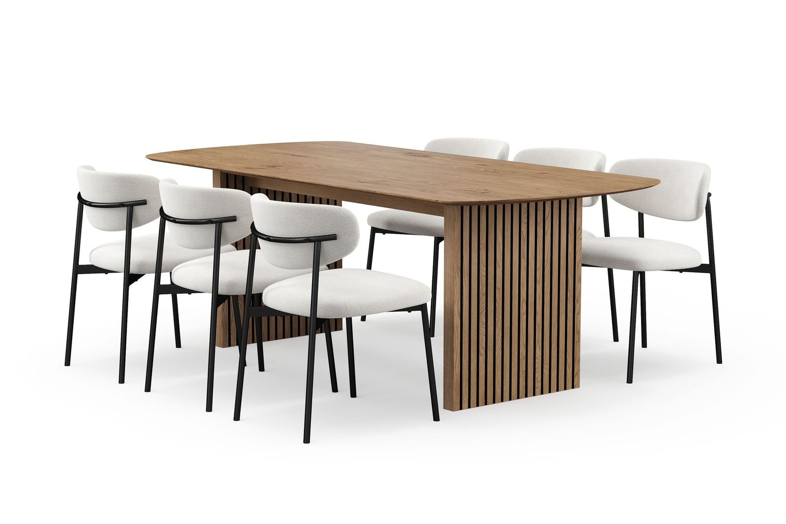 richeto-ruokapoyta-210-cm-ja-6-lucy-ruokatuolia-luonnonpuuviimeistely-valkoinen-boucle-metallijalat-mustat