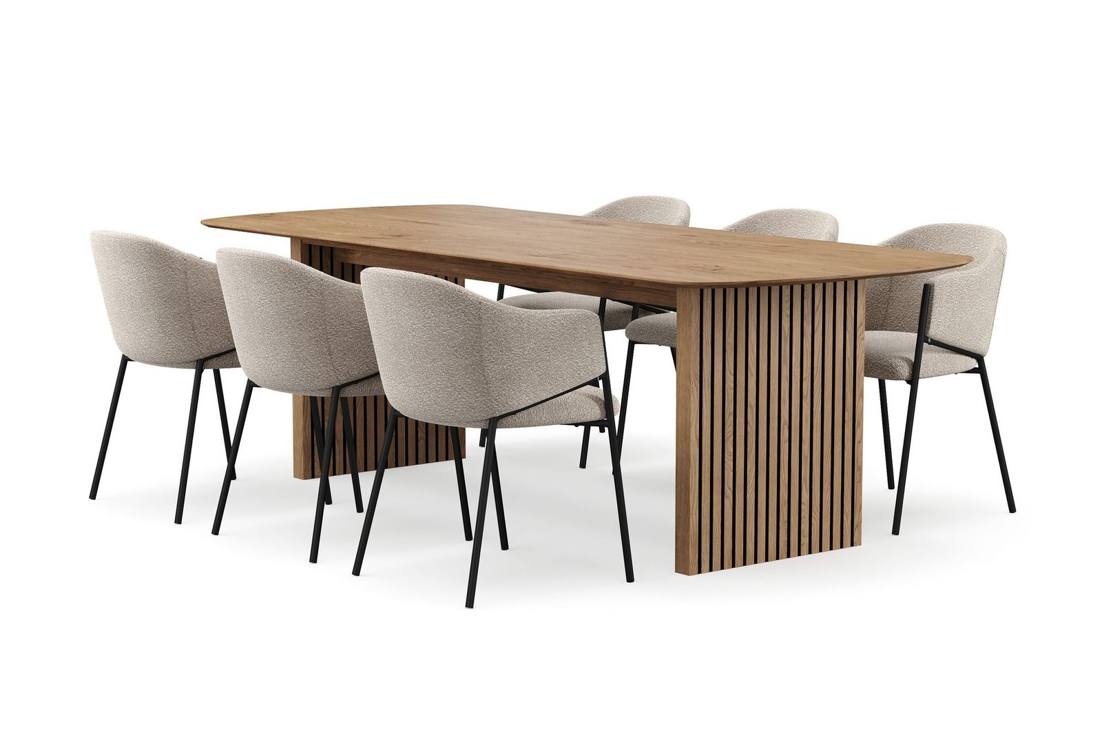 richeto-ruokapoyta-240-cm-ja-6-filip-ruokatuolia-luonnonpuuviimeistely-taupe-boucle