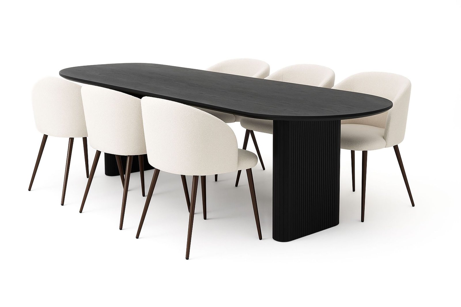 noira-soikea-ruokapoyta-220-cm-6-greya-ruokatuolia-kasinojilla-musta-valkoinen-boucle-metallijalat-pahkina