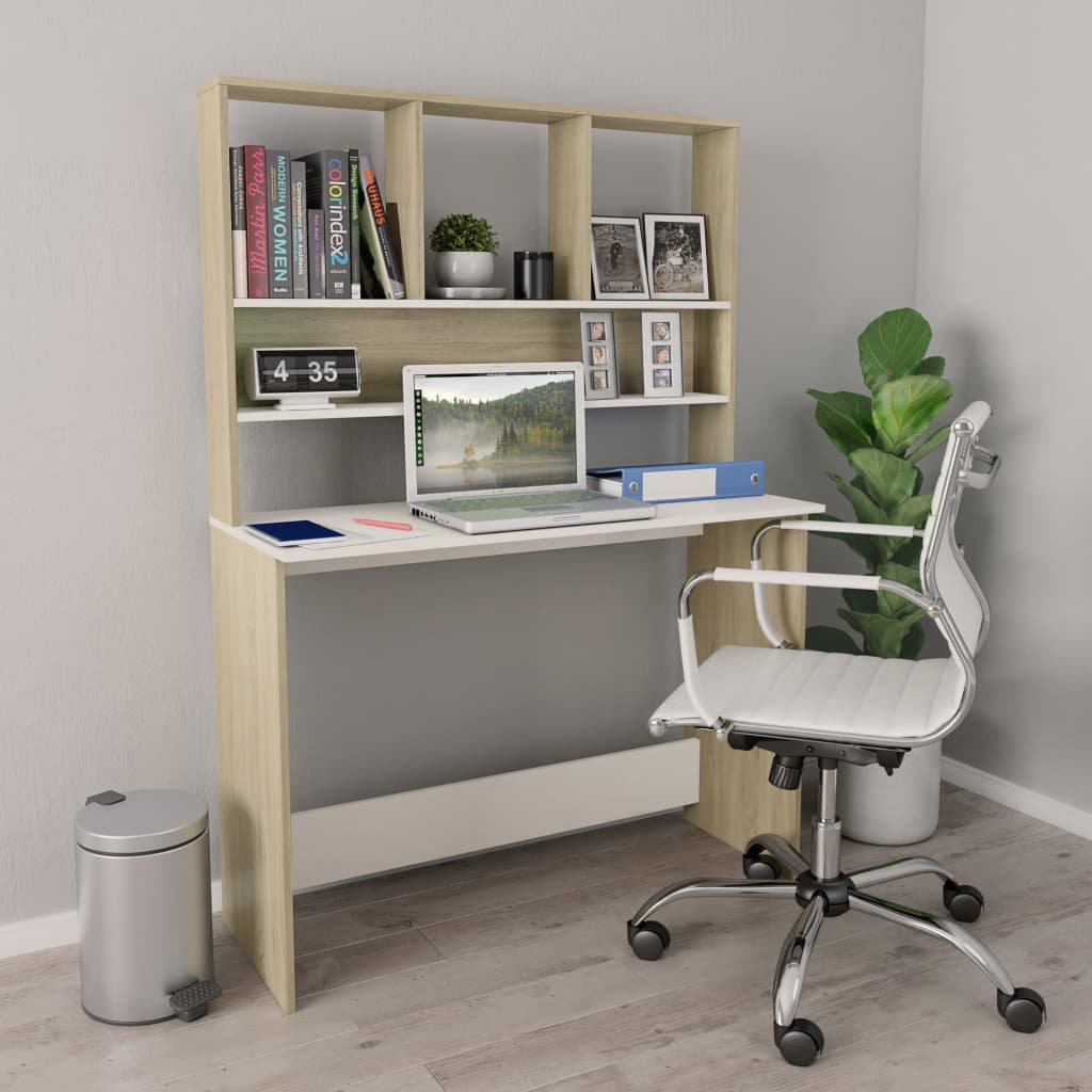 vidaXL Työpöytä hyllyillä valk./Sonoma-tammi 110x45x157 cm lastulevy