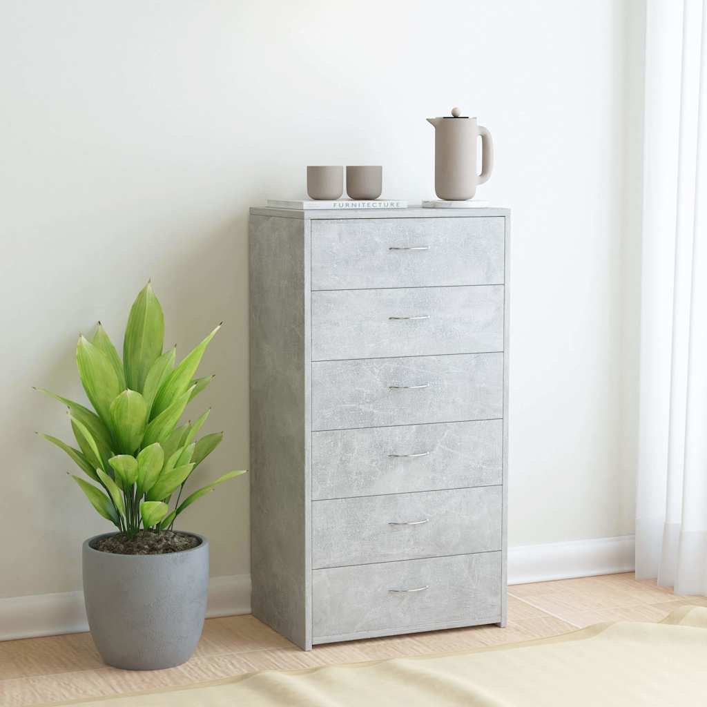 vidaXL Lipasto 6 vetolaatikolla betoninharmaa 50x34x96 cm tekninen puu