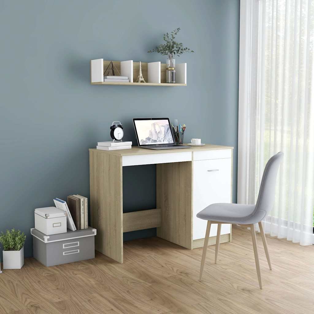 vidaXL Työpöytä valkoinen ja Sonoma-tammi 100x50x76 cm lastulevy