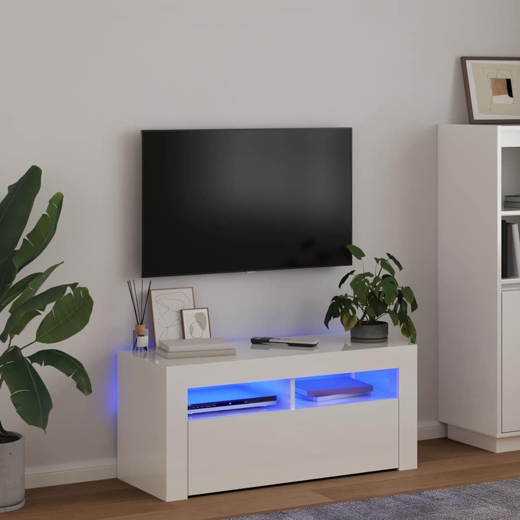 vidaXL TV-taso LED-valoilla korkeakiilto valkoinen 90x35x40 cm