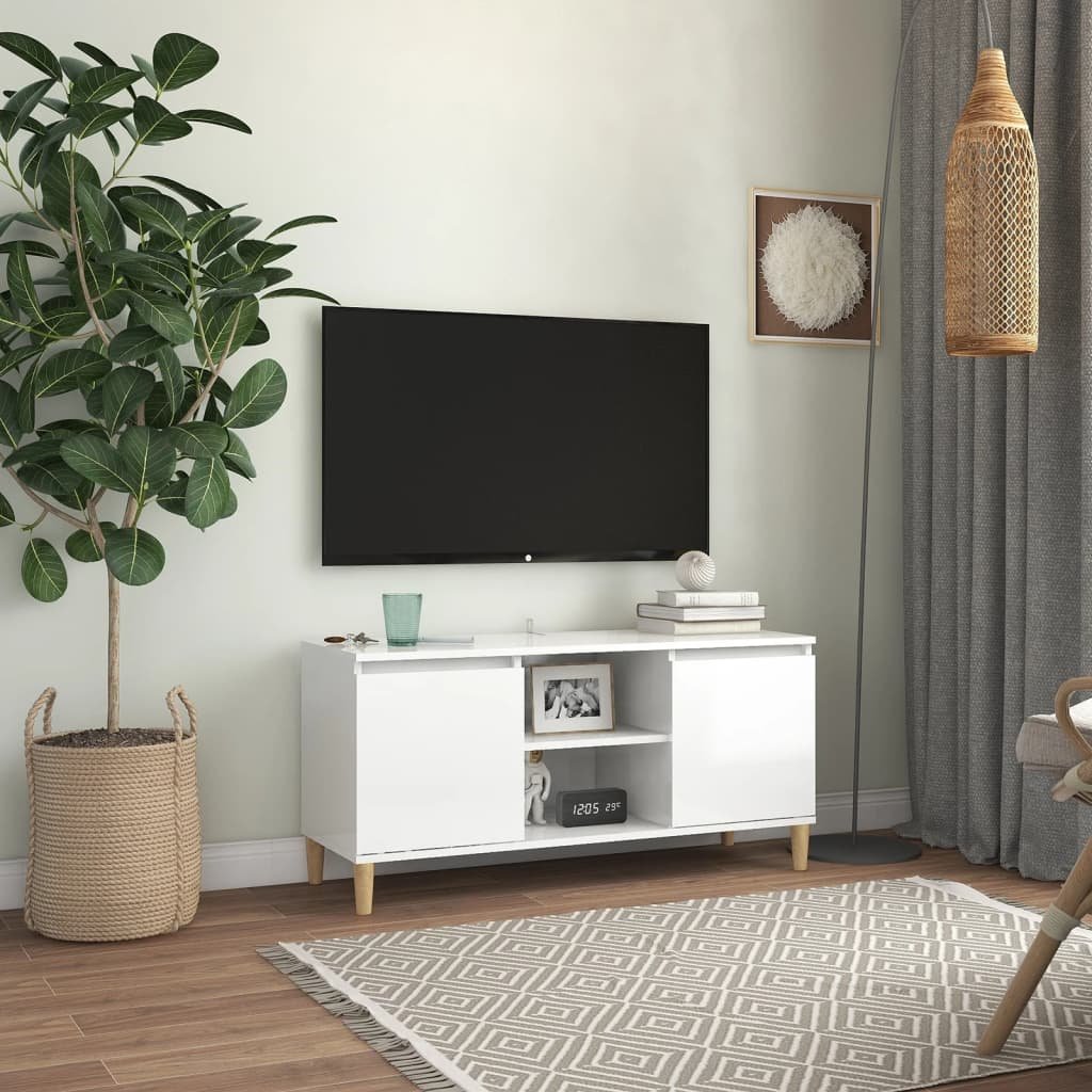 vidaXL TV-taso täyspuiset jalat korkeakiilto valkoinen 103,5x35x50 cm