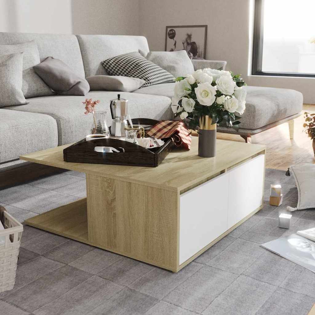 vidaXL Sohvapöytä valkoinen ja Sonoma-tammi 80x80x31 cm tekninen puu