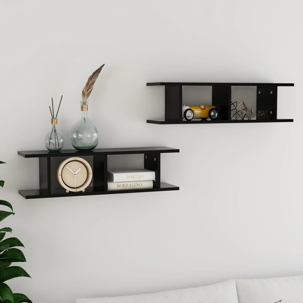 vidaXL Seinähyllyt 2 kpl musta 75x18x20 cm tekninen puu