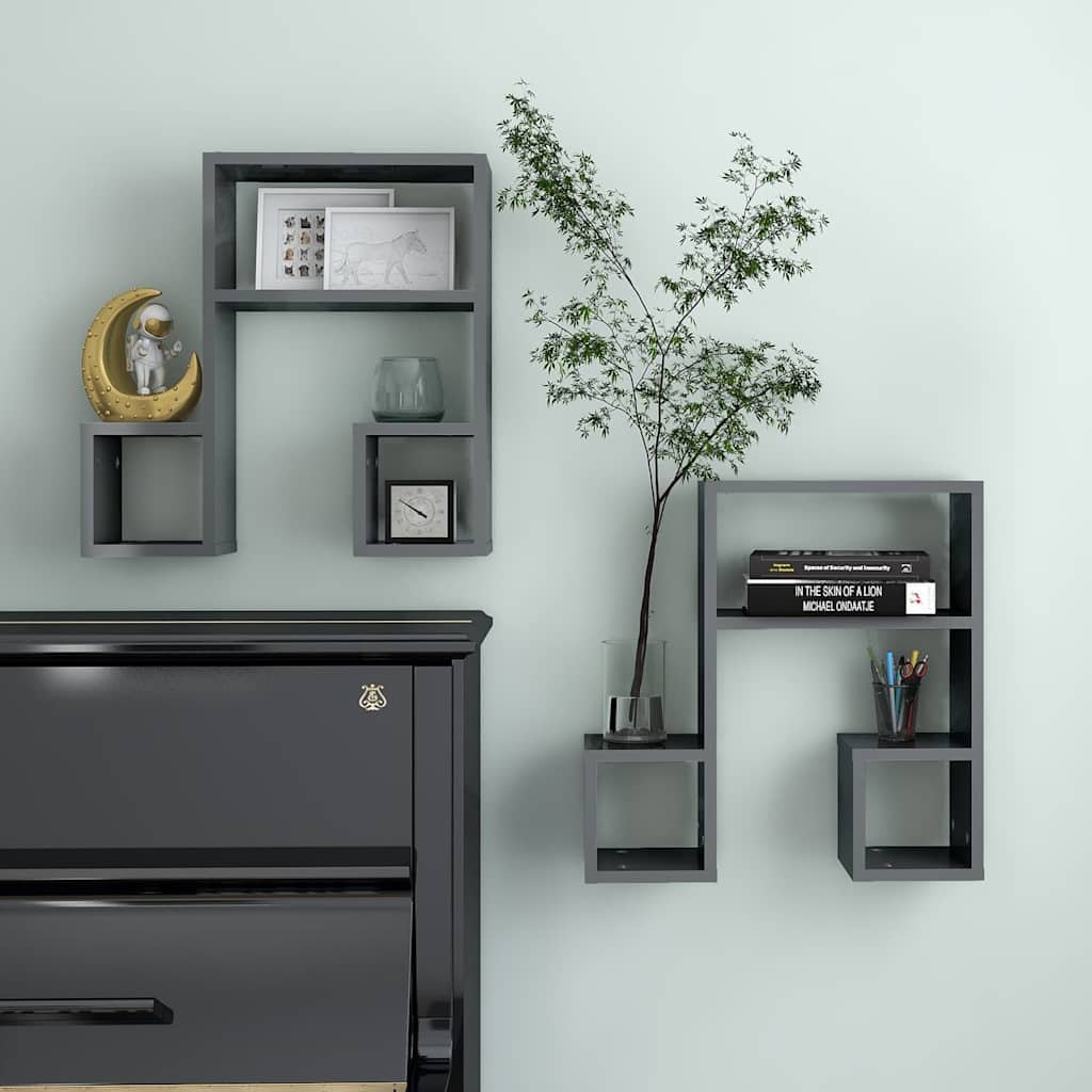 vidaXL Seinähyllyt 2 kpl korkeakiilto harmaa 50x15x50 cm tekninen puu