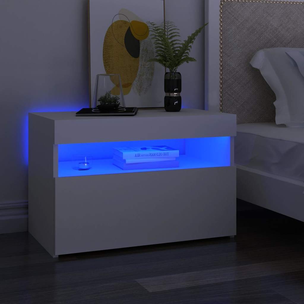 vidaXL Yöpöytä LED-valoilla valkoinen 60x35x40 cm tekninen puu