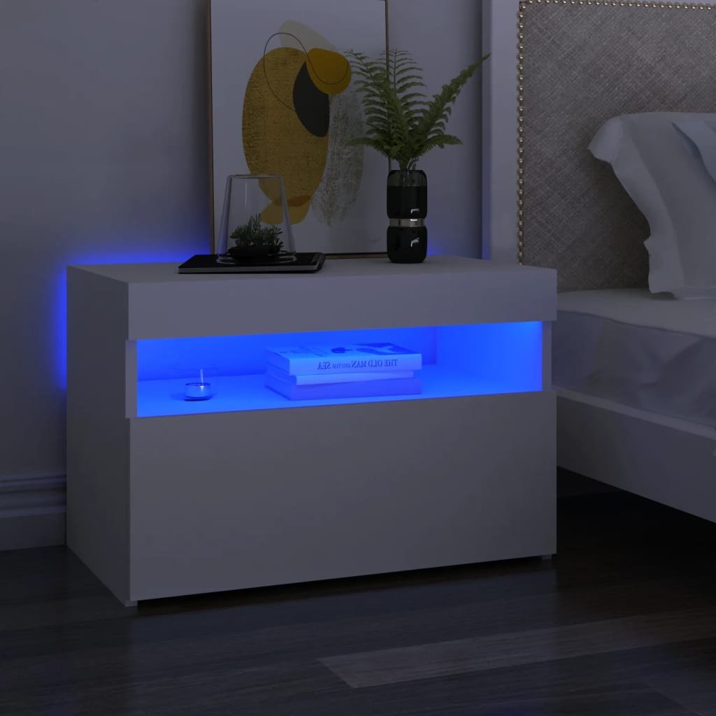vidaXL Yöpöytä LED-valoilla valkoinen 60x35x40 cm tekninen puu