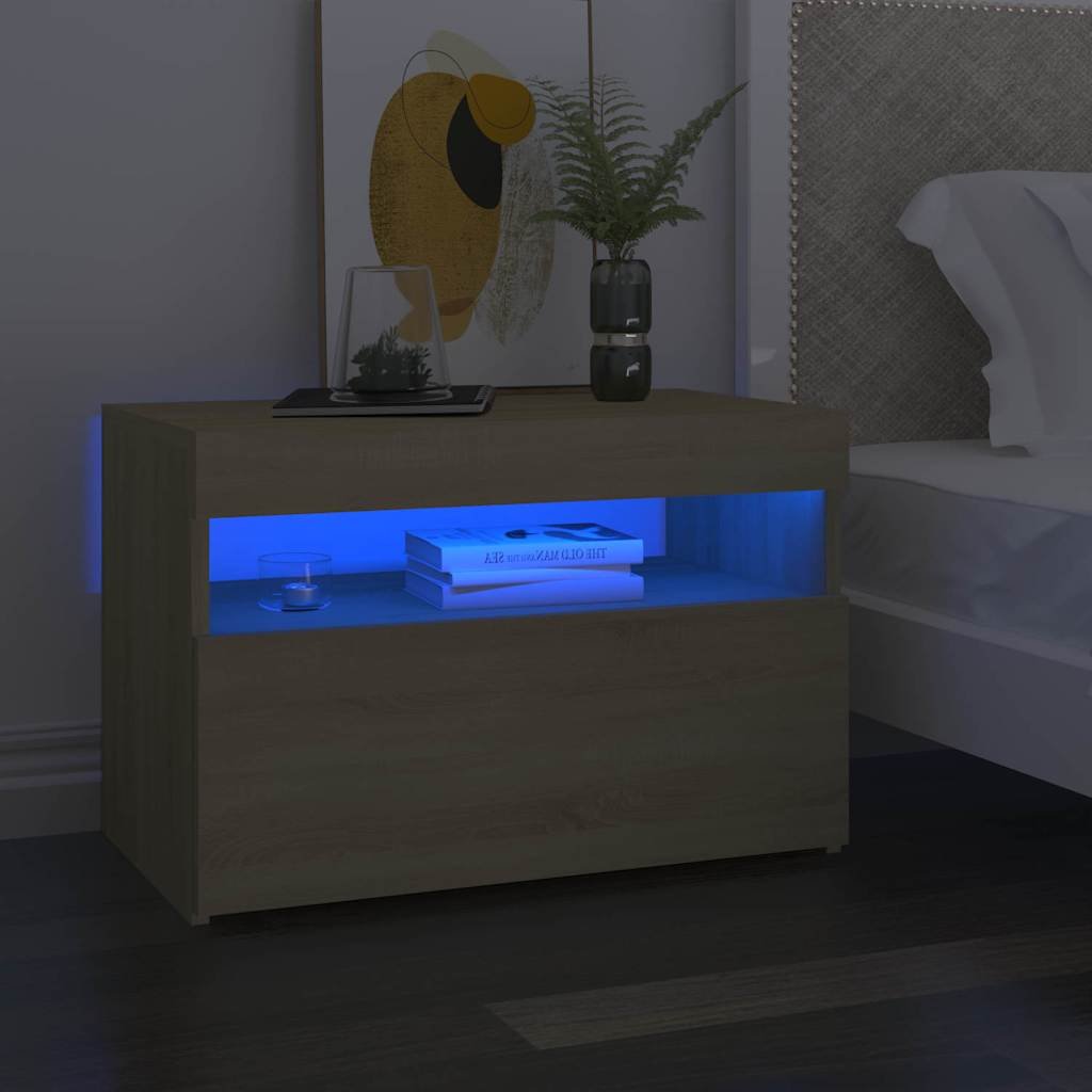 vidaXL Yöpöytä LED-valoilla 2 kpl Sonoma-tammi 60x35x40 cm