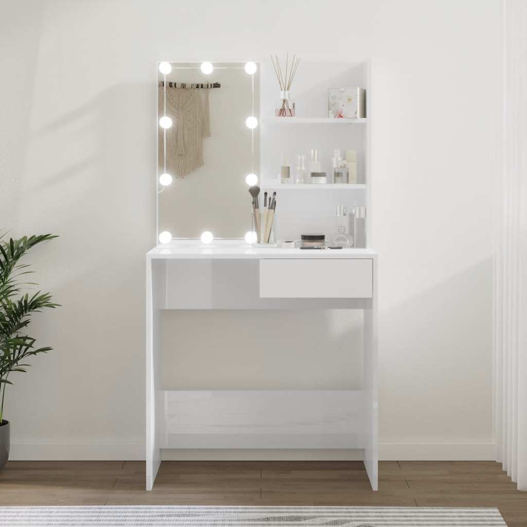 VidaXL Peilipöytä LED-valoilla korkeakiilto valkoinen 74,5x40x141 cm