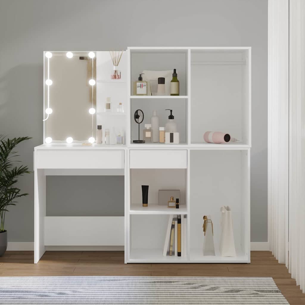 vidaXL LED-peilipöytä kahdella kaapilla valkoinen tekninen puu