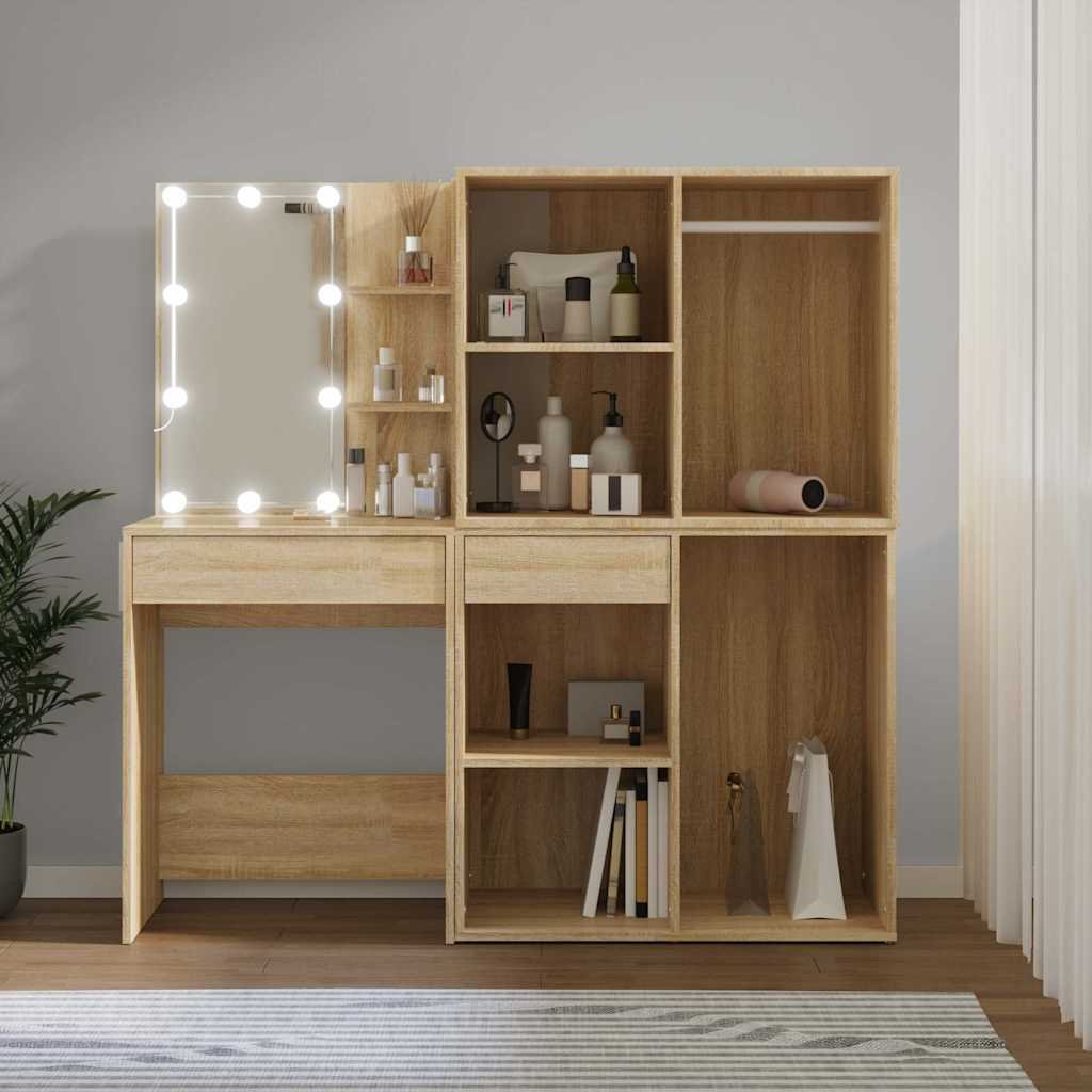vidaXL LED-peilipöytä kahdella kaapilla Sonoma-tammi tekninen puu