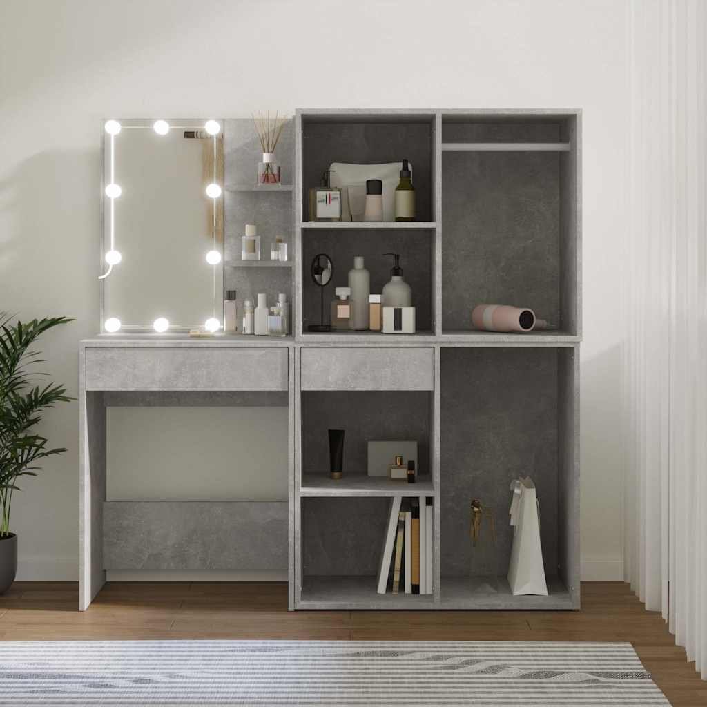 vidaXL LED-peilipöytä kahdella kaapilla betoninharmaa tekninen puu